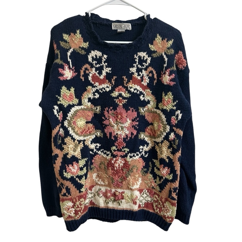 Crystal Kobe Vintage Sweater Womens Size L Navy Blue Floral Knit Top Grandmacore